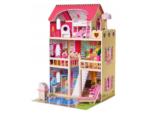 Casuta de papusi din lemn natural fara margini ascutite, 'ISP Doll House Pool' cu 3 Nivele, 5 Camere si Terasa, Gratar, Piscina, Sezlong, Umbrela, Banda LED, 90x60x30 CM