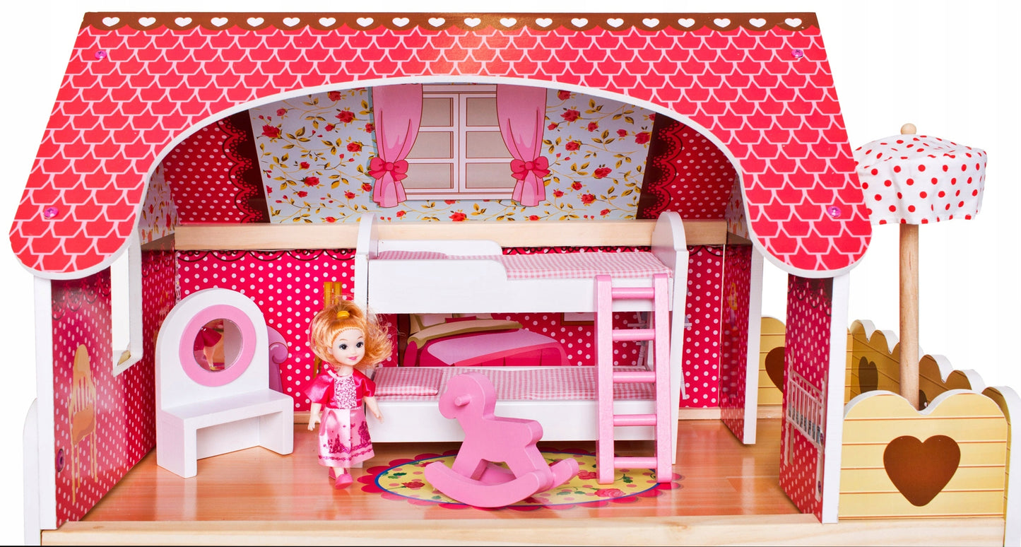 Casuta de papusi din lemn natural fara margini ascutite, 'ISP Doll House Pool' cu 3 Nivele, 5 Camere si Terasa, Gratar, Piscina, Sezlong, Umbrela, Banda LED, 90x60x30 CM