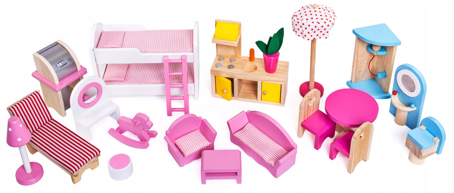 Casuta de papusi din lemn natural fara margini ascutite, 'ISP Doll House Pool' cu 3 Nivele, 5 Camere si Terasa, Gratar, Piscina, Sezlong, Umbrela, Banda LED, 90x60x30 CM