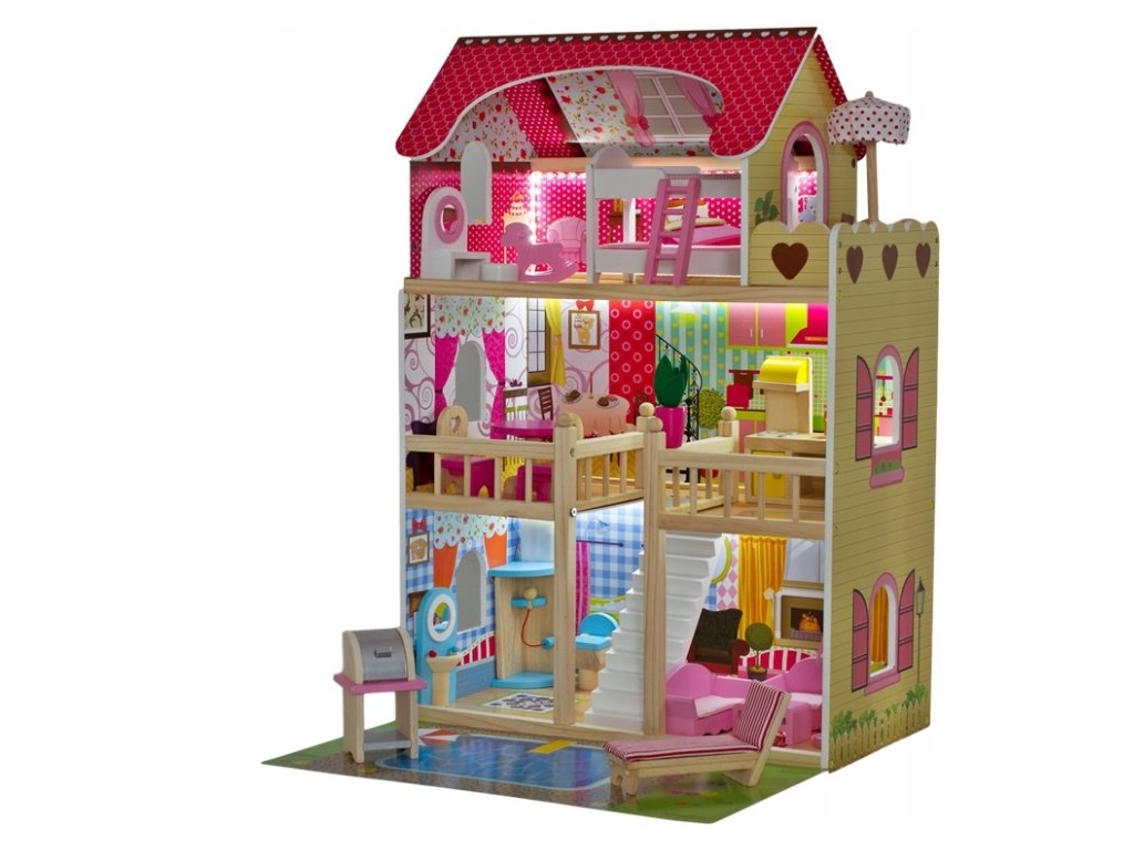 Casuta de papusi din lemn natural fara margini ascutite, 'ISP Doll House Pool' cu 3 Nivele, 5 Camere si Terasa, Gratar, Piscina, Sezlong, Umbrela, Banda LED, 90x60x30 CM