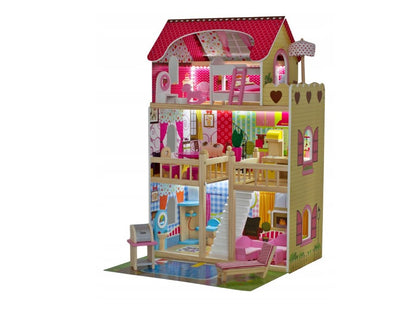 Casuta de papusi din lemn natural fara margini ascutite, 'ISP Doll House Pool' cu 3 Nivele, 5 Camere si Terasa, Gratar, Piscina, Sezlong, Umbrela, Banda LED, 90x60x30 CM