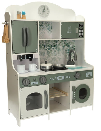 Bucatarie din lemn ecologic, fara margini ascutite 'ISP Lulilo Kitchen ', 85 CM Inaltime, Espressor, Chiuveta, Plita, Dulapuri, Accesorii, Verde