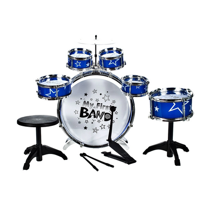 Set de tobe pentru copii ISP 'Likesmart Band', 60x50x54 cm, 6 tobe, 1 scaunel, 2 bete, 1 talger, 10 piese, Albastru