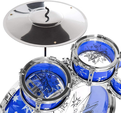 Set de tobe pentru copii ISP 'Likesmart Band', 60x50x54 cm, 6 tobe, 1 scaunel, 2 bete, 1 talger, 10 piese, Albastru