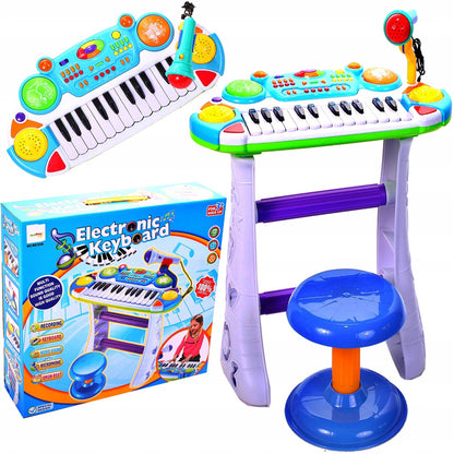 Set Complet Muzical Copii cu Orga Electronica Microfon, Tobe si Scaun, 'LikeSmart Piano Singer', 24 Taste Pian, Albastru