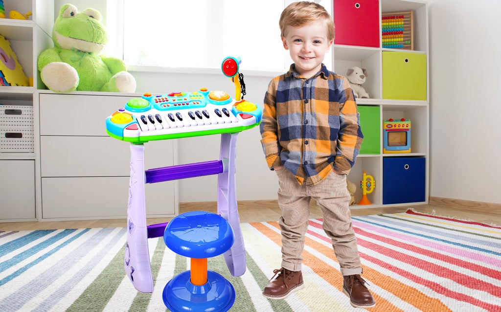 Set Complet Muzical Copii cu Orga Electronica Microfon, Tobe si Scaun, 'LikeSmart Piano Singer', 24 Taste Pian, Albastru