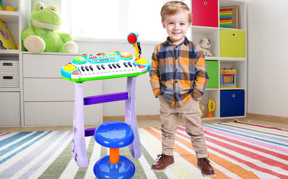 Set Complet Muzical Copii cu Orga Electronica Microfon, Tobe si Scaun, 'LikeSmart Piano Singer', 24 Taste Pian, Albastru