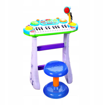 Set Complet Muzical Copii cu Orga Electronica Microfon, Tobe si Scaun, 'LikeSmart Piano Singer', 24 Taste Pian, Albastru