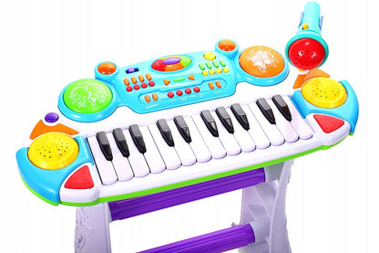 Set Complet Muzical Copii cu Orga Electronica Microfon, Tobe si Scaun, 'LikeSmart Piano Singer', 24 Taste Pian, Albastru