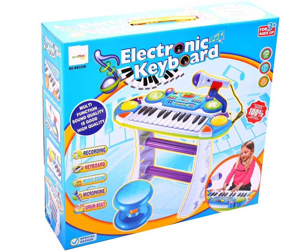 Set Complet Muzical Copii cu Orga Electronica Microfon, Tobe si Scaun, 'LikeSmart Piano Singer', 24 Taste Pian, Albastru
