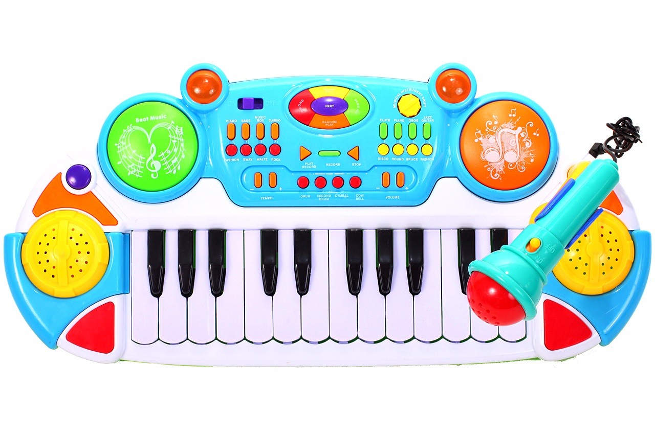 Set Complet Muzical Copii cu Orga Electronica Microfon, Tobe si Scaun, 'LikeSmart Piano Singer', 24 Taste Pian, Albastru