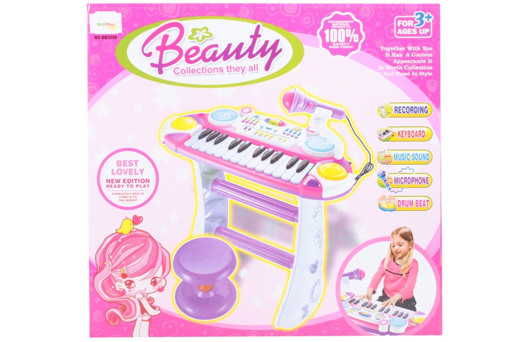 Set Complet Muzical Copii cu Orga Electronica Microfon, Tobe si Scaunel, 'ISP Beautiful Piano Singer', 24 Taste Pian, Alb/Roz