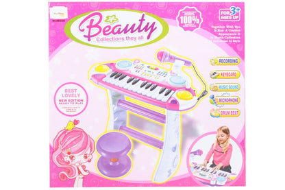 Set Complet Muzical Copii cu Orga Electronica Microfon, Tobe si Scaunel, 'ISP Beautiful Piano Singer', 24 Taste Pian, Alb/Roz