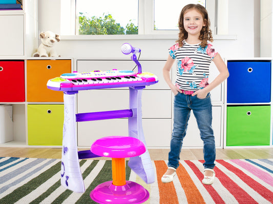 Set Complet Muzical Copii cu Orga Electronica Microfon, Tobe si Scaunel, 'ISP Beautiful Piano Singer', 24 Taste Pian, Alb/Roz