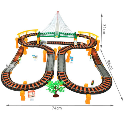 Circuit 2 in 1 XXL 88 X 74 CM, 140 Piese cu Trenulet si Masinuta Electrice cu Pista de Mare Viteza pentru Tren si Masini, Pod Iluminat, 'Rapid Transit' Race Track