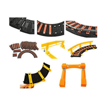 Circuit 2 in 1 XXL 88 X 74 CM, 140 Piese cu Trenulet si Masinuta Electrice cu Pista de Mare Viteza pentru Tren si Masini, Pod Iluminat, 'Rapid Transit' Race Track