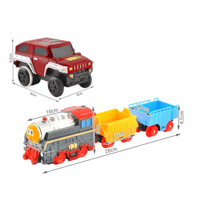 Circuit 2 in 1 XXL 88 X 74 CM, 140 Piese cu Trenulet si Masinuta Electrice cu Pista de Mare Viteza pentru Tren si Masini, Pod Iluminat, 'Rapid Transit' Race Track