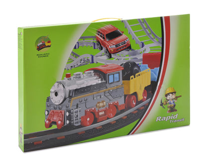 Circuit 2 in 1 XXL 88 X 74 CM, 140 Piese cu Trenulet si Masinuta Electrice cu Pista de Mare Viteza pentru Tren si Masini, Pod Iluminat, 'Rapid Transit' Race Track