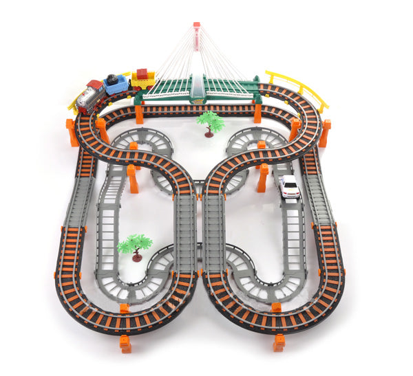 Circuit 2 in 1 XXL 88 X 74 CM, 140 Piese cu Trenulet si Masinuta Electrice cu Pista de Mare Viteza pentru Tren si Masini, Pod Iluminat, 'Rapid Transit' Race Track