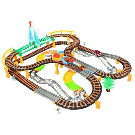 Circuit 2 in 1 XXL 88 X 74 CM, 140 Piese cu Trenulet si Masinuta Electrice cu Pista de Mare Viteza pentru Tren si Masini, Pod Iluminat, 'Rapid Transit' Race Track