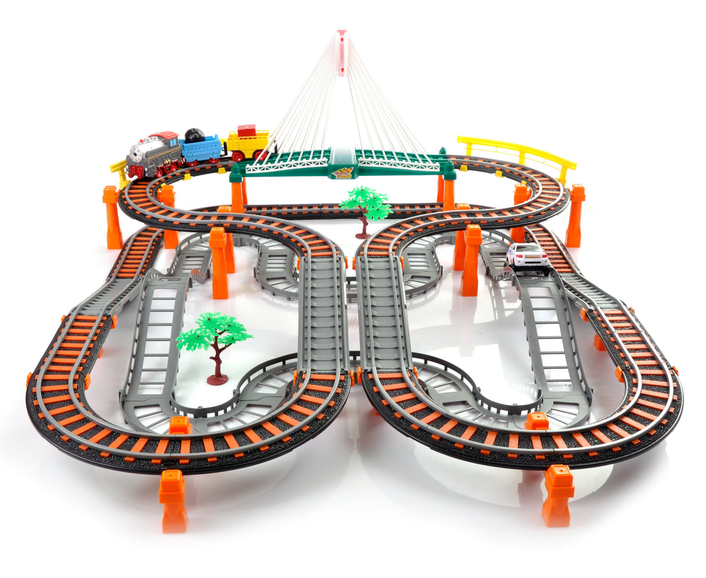 Circuit 2 in 1 XXL 88 X 74 CM, 140 Piese cu Trenulet si Masinuta Electrice cu Pista de Mare Viteza pentru Tren si Masini, Pod Iluminat, 'Rapid Transit' Race Track
