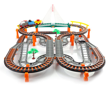 Circuit 2 in 1 XXL 88 X 74 CM, 140 Piese cu Trenulet si Masinuta Electrice cu Pista de Mare Viteza pentru Tren si Masini, Pod Iluminat, 'Rapid Transit' Race Track