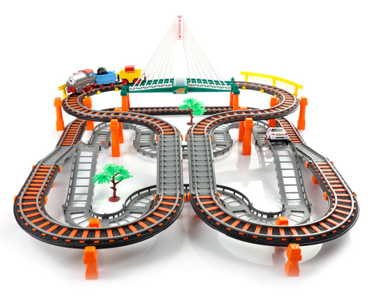 Circuit 2 in 1 XXL 88 X 74 CM, 140 Piese cu Trenulet si Masinuta Electrice cu Pista de Mare Viteza pentru Tren si Masini, Pod Iluminat, 'Rapid Transit' Race Track