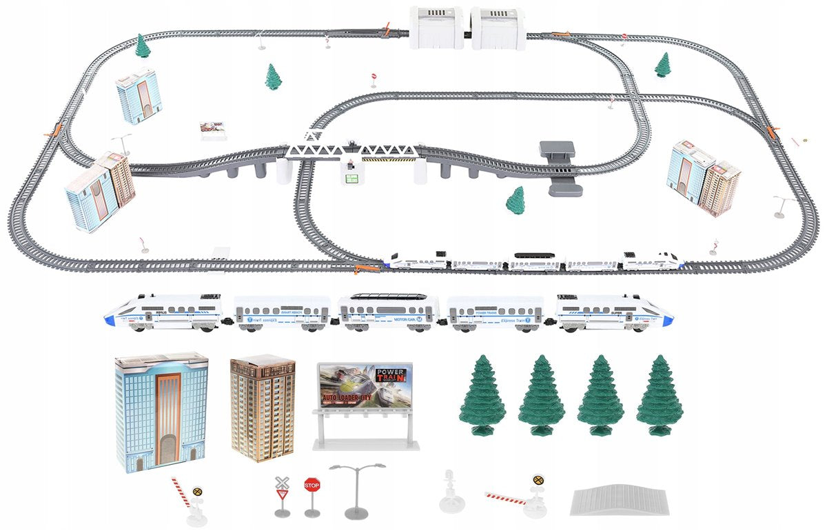 Circuit Trenulet Electric 'LikeSmart Train XXL', 86 Piese, Pod Rabatabil, Tunel, Lumini, Alb