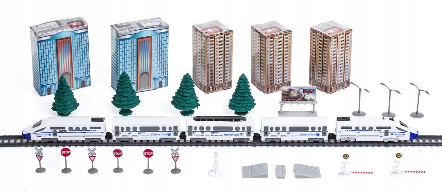 Circuit Trenulet Electric 'LikeSmart Train XXL', 86 Piese, Pod Rabatabil, Tunel, Lumini, Alb