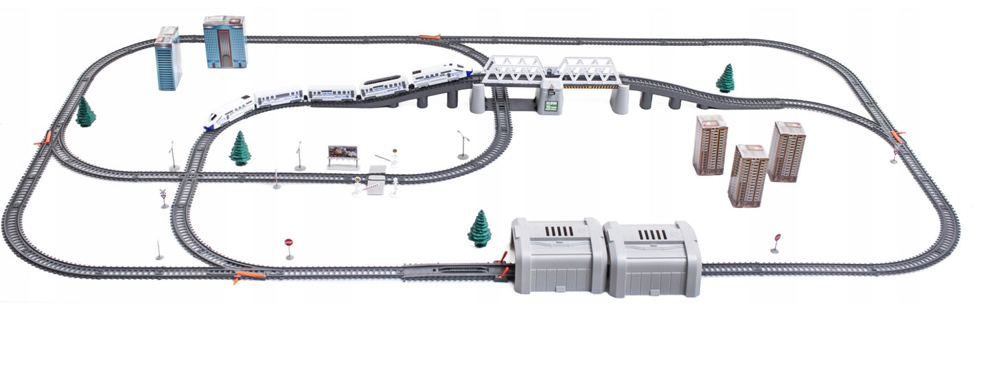 Circuit Trenulet Electric 'LikeSmart Train XXL', 86 Piese, Pod Rabatabil, Tunel, Lumini, Alb