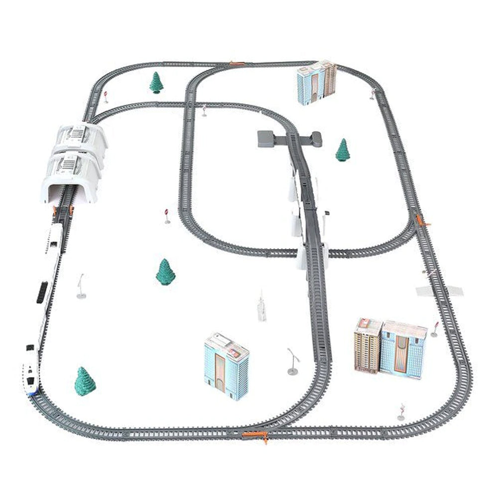 Circuit Trenulet Electric Zenuk - 86 Piese, Locomotiva, Pod Mobil, Accesorii, Lungime Cale Ferata 900 cm, Efecte Luminoase, Gri