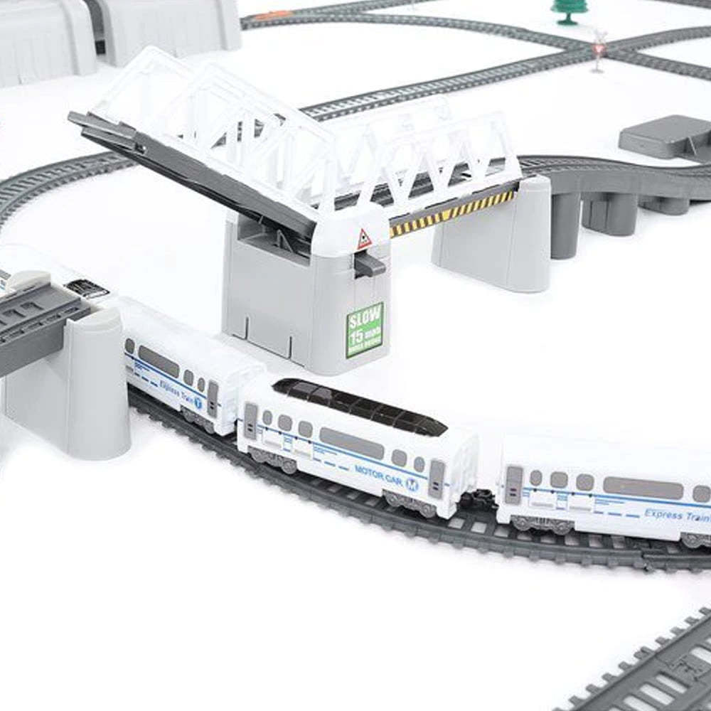 Circuit Trenulet Electric Zenuk - 86 Piese, Locomotiva, Pod Mobil, Accesorii, Lungime Cale Ferata 900 cm, Efecte Luminoase, Gri