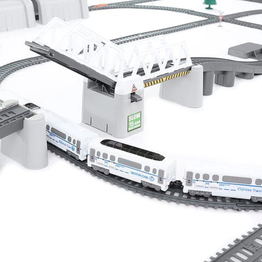 Circuit Trenulet Electric Zenuk - 86 Piese, Locomotiva, Pod Mobil, Accesorii, Lungime Cale Ferata 900 cm, Efecte Luminoase, Gri