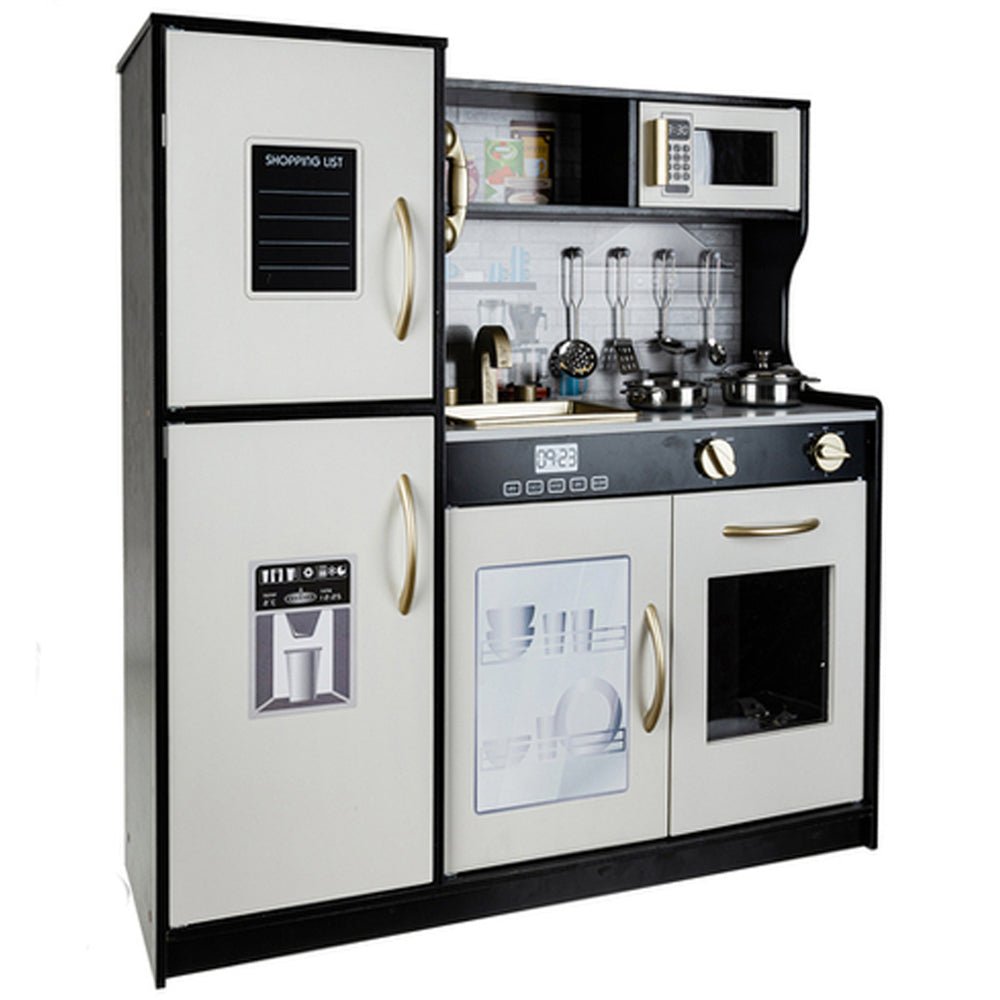 Bucatarie Multifunctionala pentru Copii Zenuk - Moderna, Sunete si Lumini, Figider cu Tabla de Scris, Accesorii, Lemn, 80x80cm, Negru/Alb