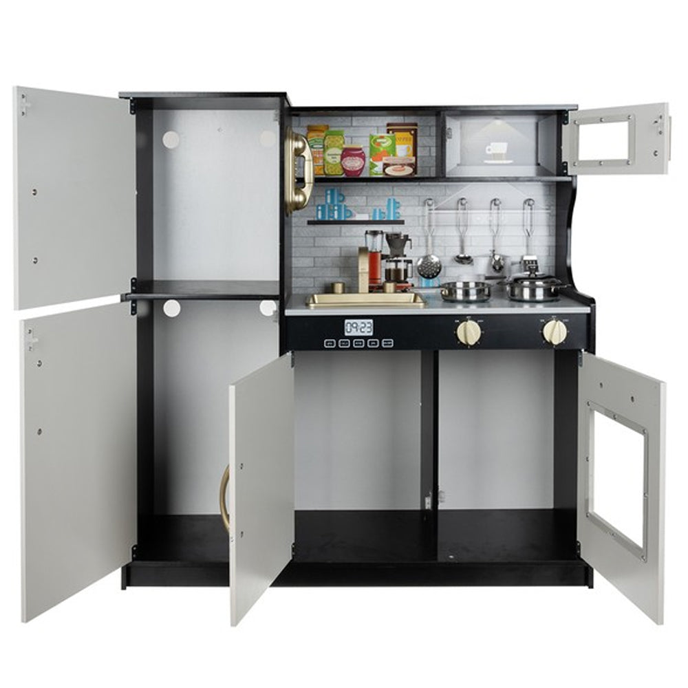 Bucatarie Multifunctionala pentru Copii Zenuk - Moderna, Sunete si Lumini, Figider cu Tabla de Scris, Accesorii, Lemn, 80x80cm, Negru/Alb