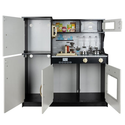 Bucatarie Multifunctionala pentru Copii Zenuk - Moderna, Sunete si Lumini, Figider cu Tabla de Scris, Accesorii, Lemn, 80x80cm, Negru/Alb