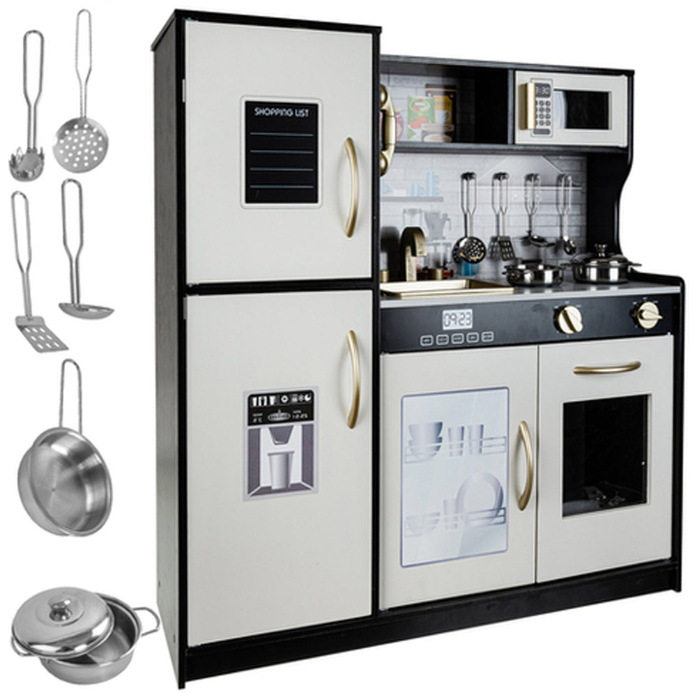 Bucatarie Multifunctionala pentru Copii Zenuk - Moderna, Sunete si Lumini, Figider cu Tabla de Scris, Accesorii, Lemn, 80x80cm, Negru/Alb