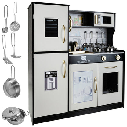 Bucatarie Multifunctionala pentru Copii Zenuk - Moderna, Sunete si Lumini, Figider cu Tabla de Scris, Accesorii, Lemn, 80x80cm, Negru/Alb