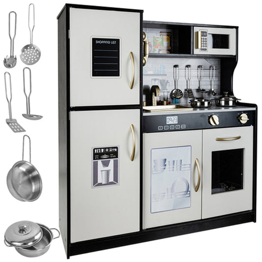 Bucatarie Multifunctionala pentru Copii Zenuk - Moderna, Sunete si Lumini, Figider cu Tabla de Scris, Accesorii, Lemn, 80x80cm, Negru/Alb