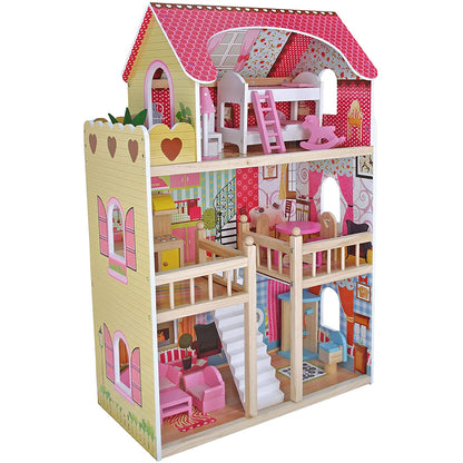 Casuta de Papusi din Lemn Zenuk - 3 Etaje, Iluminat LED, 15 Accesorii, 5 Camere, Dimensiune 90 x 59 x 30cm, Multicolor