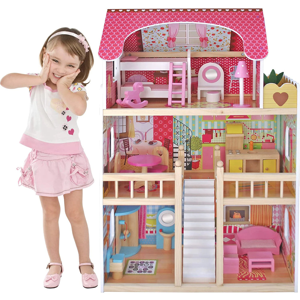 Casuta de Papusi din Lemn Zenuk - 3 Etaje, Iluminat LED, 15 Accesorii, 5 Camere, Dimensiune 90 x 59 x 30cm, Multicolor