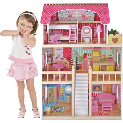 Casuta de Papusi din Lemn Zenuk - 3 Etaje, Iluminat LED, 15 Accesorii, 5 Camere, Dimensiune 90 x 59 x 30cm, Multicolor