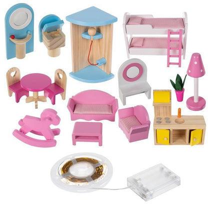 Casuta de Papusi din Lemn Zenuk - 3 Etaje, Iluminat LED, 15 Accesorii, 5 Camere, Dimensiune 90 x 59 x 30cm, Multicolor