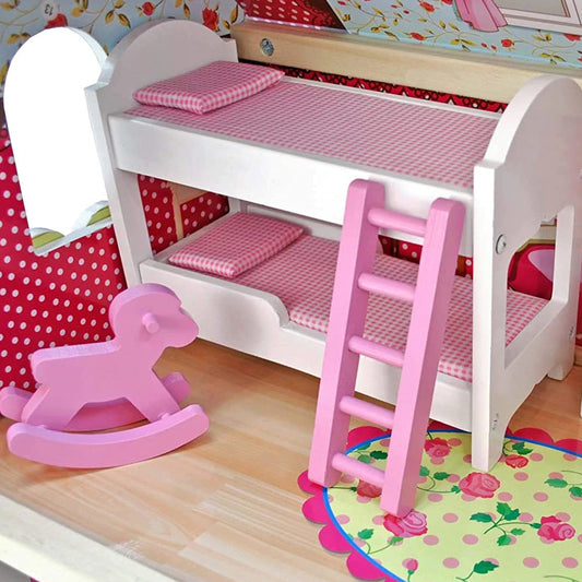 Casuta de Papusi din Lemn Zenuk - 3 Etaje, Iluminat LED, 15 Accesorii, 5 Camere, Dimensiune 90 x 59 x 30cm, Multicolor