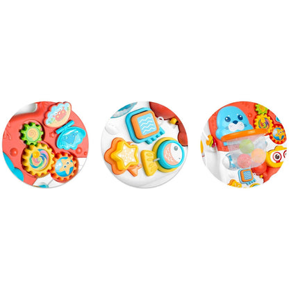 Antemergator 2 in 1 IMK, cu masa si tabla educationala, maner reglabil, roti cauciucate, cos detasabil, alb/rosu, 50.5 x 42 x cm