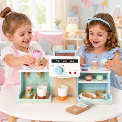 Jucarie de lemn 2in1 idealSTORE Cofetarie si Cafenea Montessori pentru copii cu accesorii si joc de rol