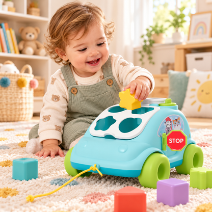 Masina Interactiva Stil Telefon cu Blocuri Colorate Funny Car idealStore, Dimensiuni 22 x 18 x 14 cm, Multicolora, Cuburi in Diferite Forme Dezvolta Abilitatile Stimulative