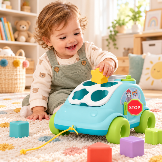 Masina Interactiva Stil Telefon cu Blocuri Colorate Funny Car idealStore, Dimensiuni 22 x 18 x 14 cm, Multicolora, Cuburi in Diferite Forme Dezvolta Abilitatile Stimulative