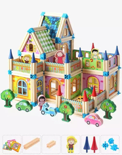 Set casuta de papusi din lemn cu acesorii, 128 piese