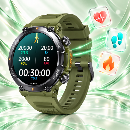 Ceas Smartwatch ARMYWatch IdealStore, Ecran tactil de 1.28 HD Inch, Functie de Preluare Apel, Difuzor si Microfon incorporat, Notificari Facebook, Whatssapp, Instagram, Rezistent la apa IP 68, Tensiune arteriala, Cronometru, Pedometru, Green Edition